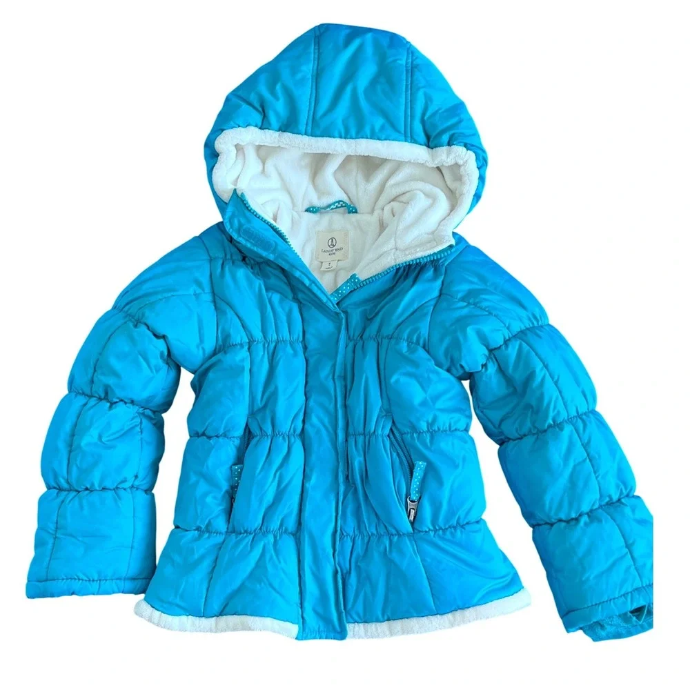 Lands End Kids Puffer Jacket Turquoise Blue Sherpa Lined Hooded Coat Size 4T‎